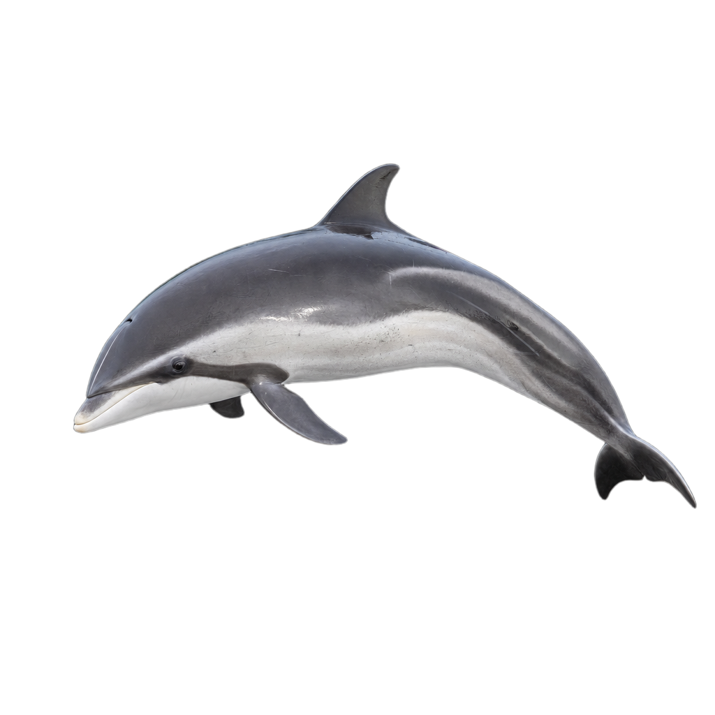 Dauphin à nez blanc au corps trapu noir et gris pâle, au bec court clair et à la haute nageoire dorsale falciforme.