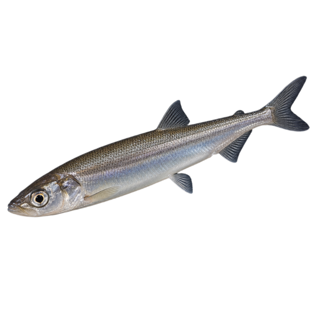 Capelan, petit poisson marin argenté au corps allongé, sur une plage de gravier du golfe du Saint-Laurent.