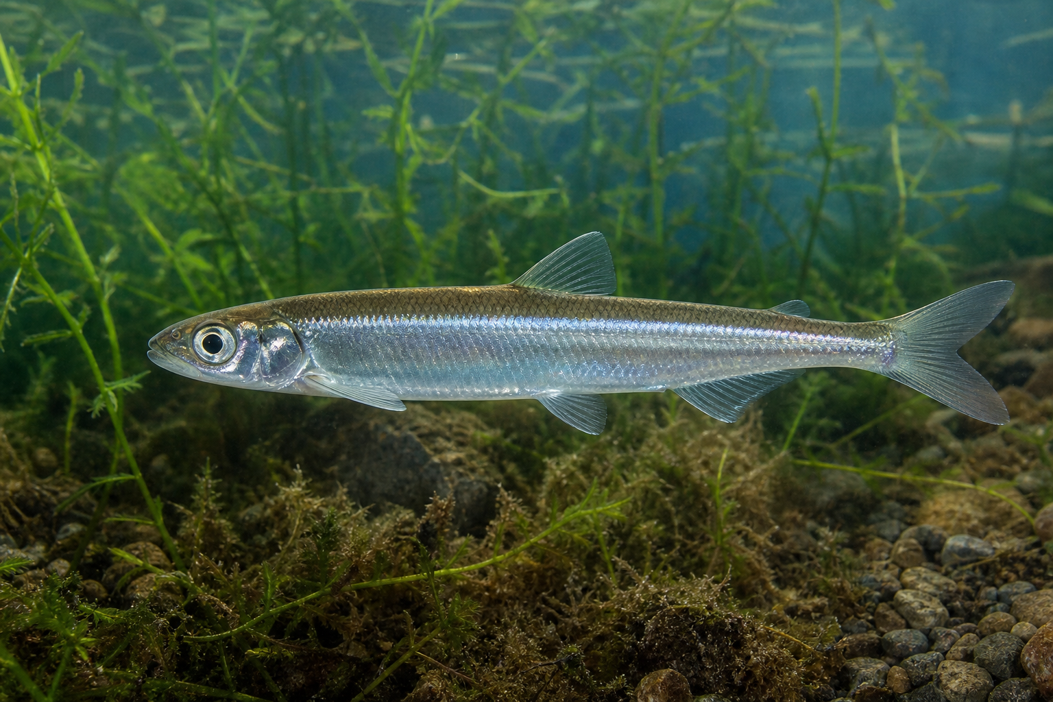 Capelan, petit poisson marin argenté au corps allongé, sur une plage de gravier du golfe du Saint-Laurent.