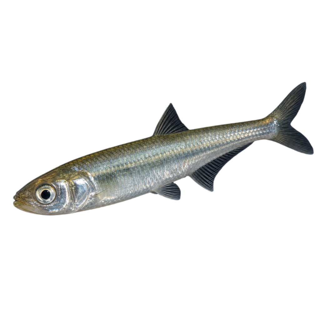 Capucette (Menidia menidia), petit poisson au corps translucide marqué d'une bande latérale argentée, nageant près d'un fond sableux.