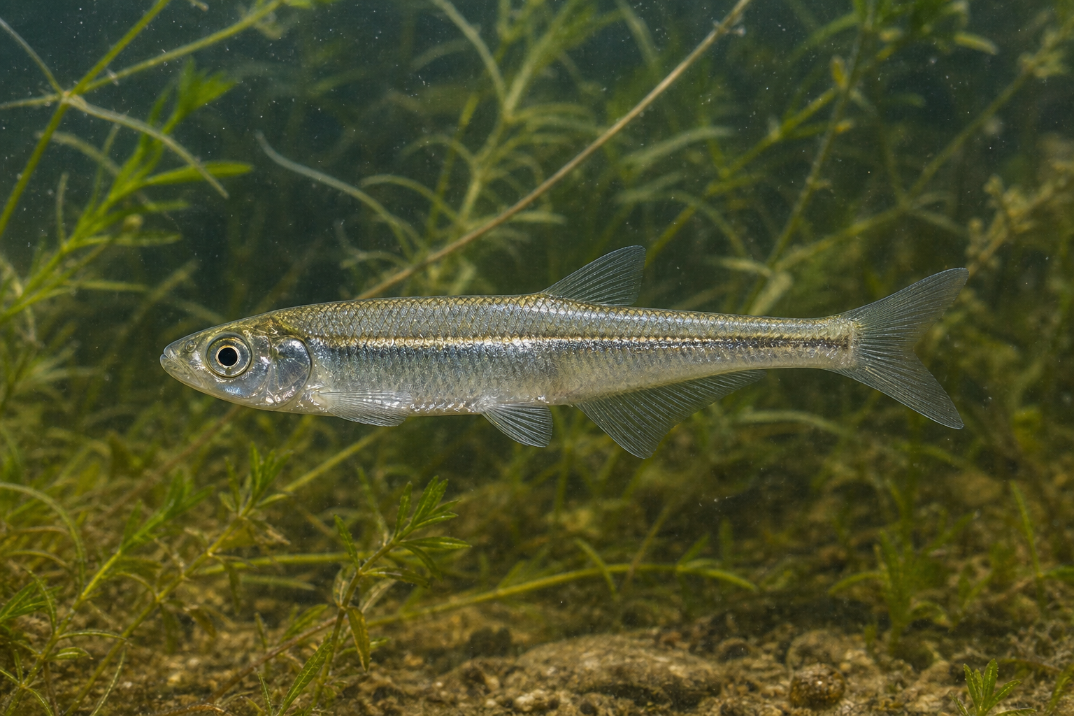 Capucette (Menidia menidia), petit poisson au corps translucide marqué d'une bande latérale argentée, nageant près d'un fond sableux.