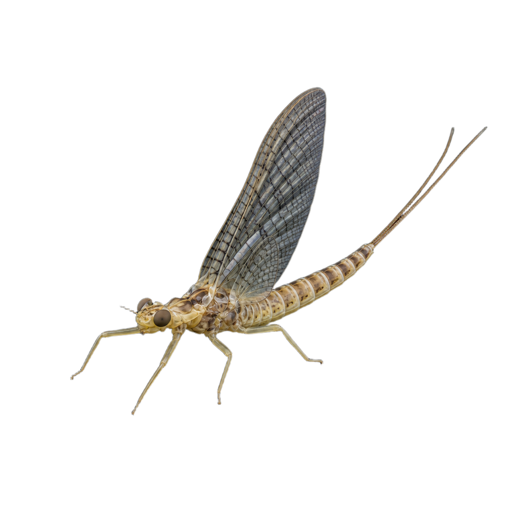 Larve aplatie d'éphémère du genre Epeorus, à deux filaments caudaux, agrippée à une pierre immergée.