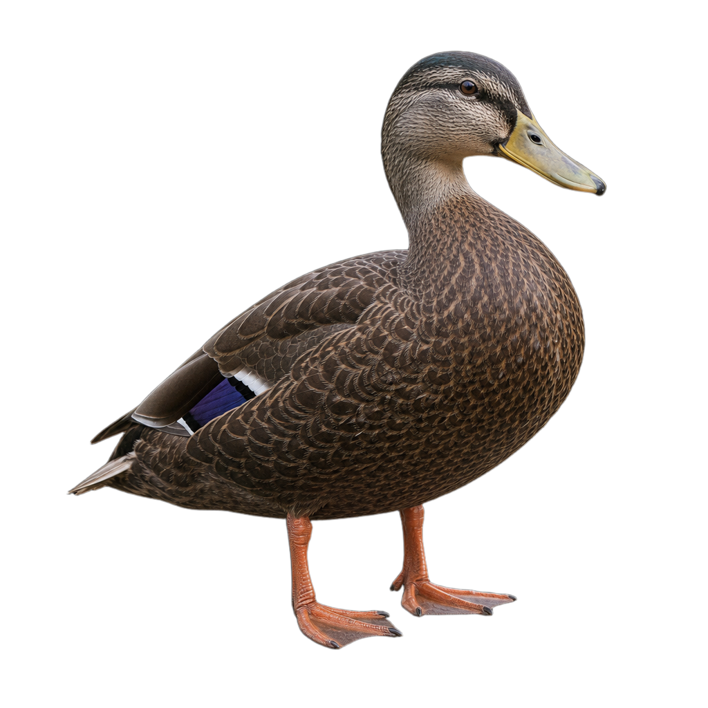 Canard noir adulte au plumage brun très foncé, tête et cou plus pâles, nageant en eau peu profonde.