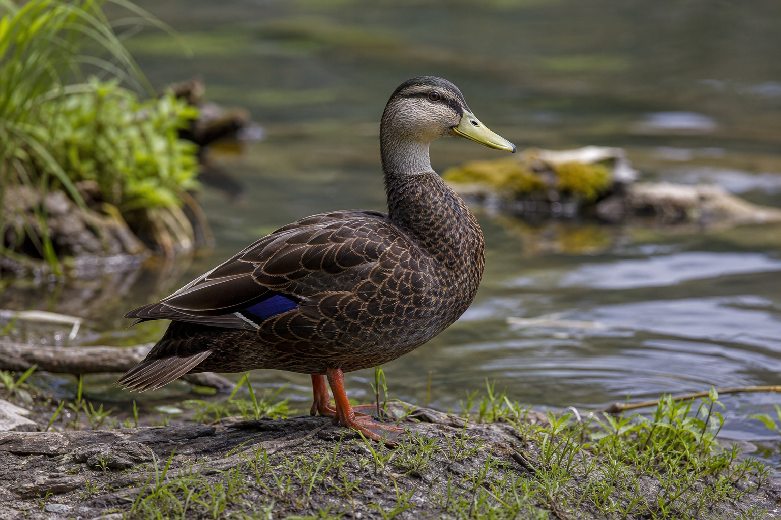Canard noir adulte au plumage brun très foncé, tête et cou plus pâles, nageant en eau peu profonde.