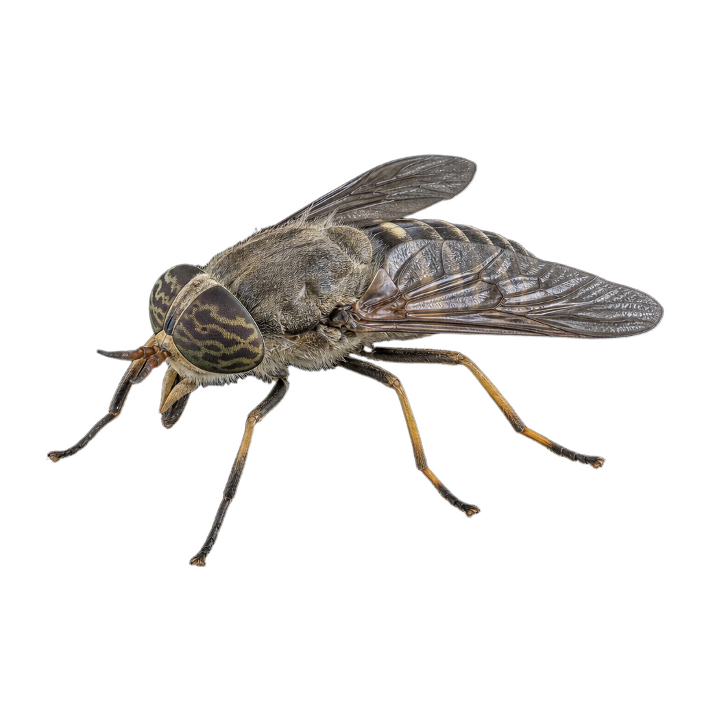 Taon Chrysops lateralis, petite mouche jaune orangé et noire aux ailes marquées de bandes sombres.