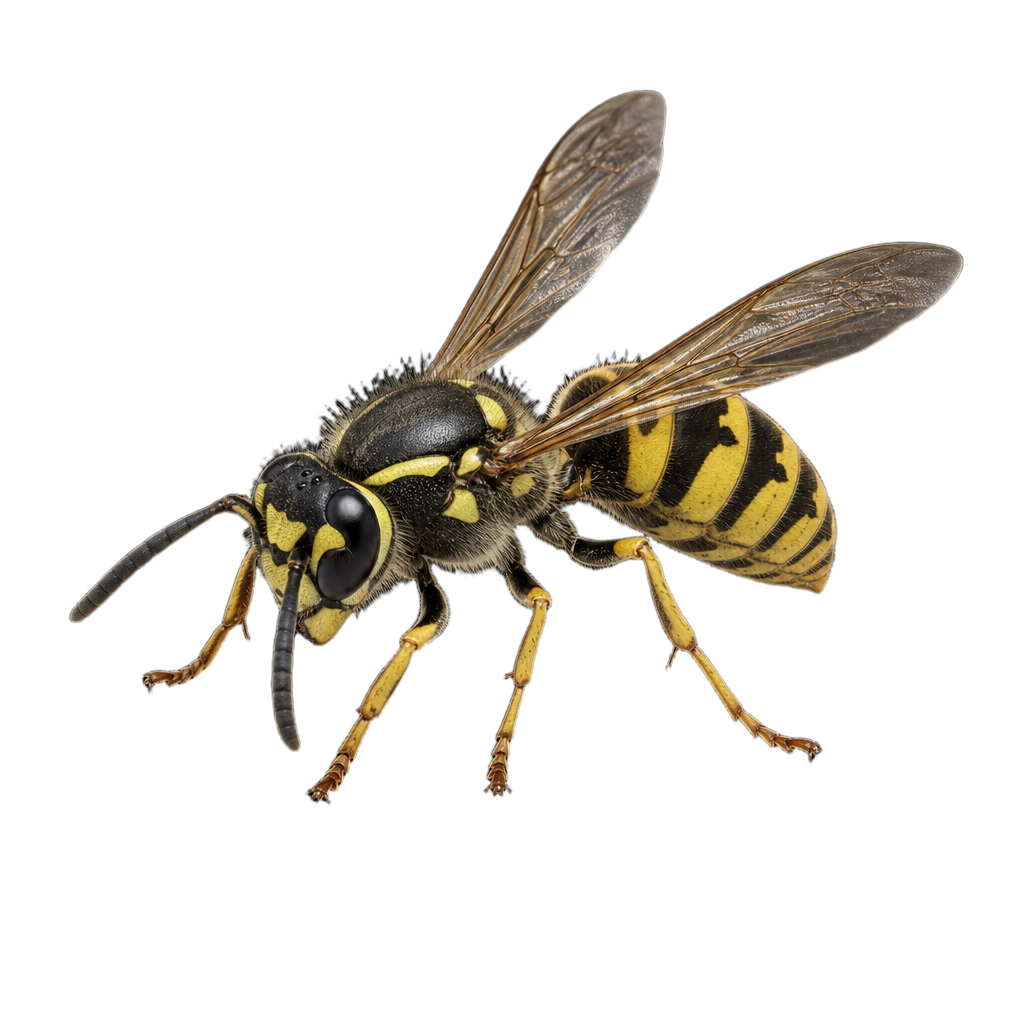 Guêpe sociale Dolichovespula norvegicoides au corps marqué de bandes noires et jaunes.