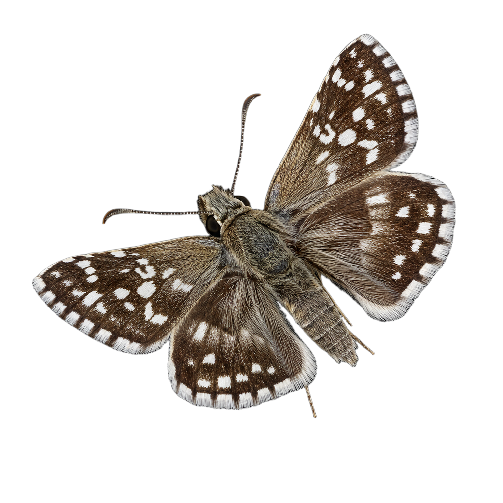Hespérie Erynnis juvenalis aux ailes brun foncé marbrées de gris, ponctuées de petites marques blanches sur les ailes antérieures.