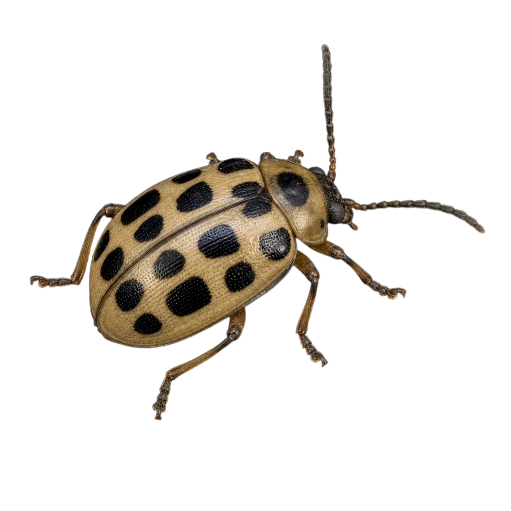Coccinelle Calvia quatuordecimguttata aux élytres brun orangé marqués de taches blanc crème, posée sur une feuille.