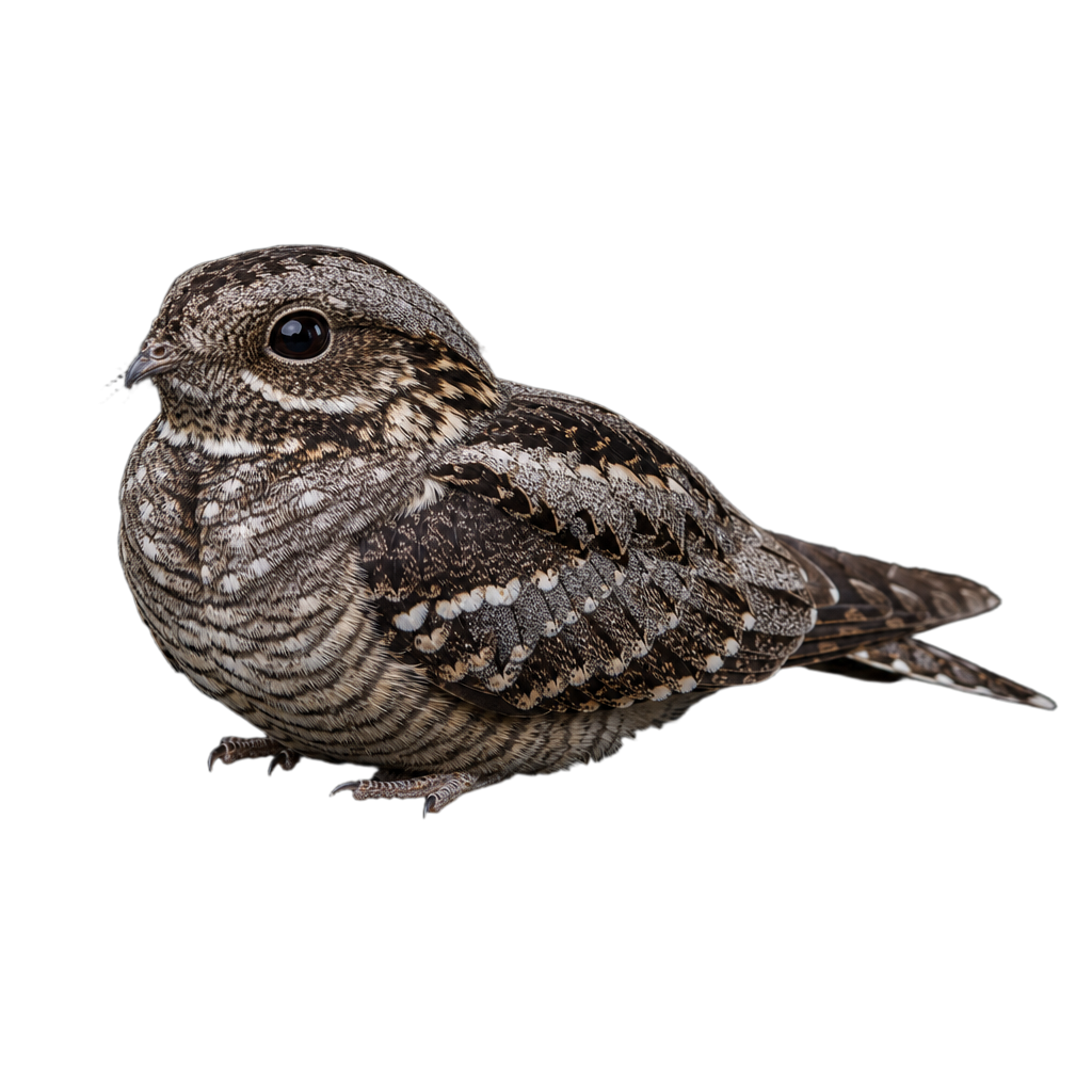 Engoulevent de Caroline au plumage brun-roux marbré de noir, à la tête large et aplatie et aux grands yeux sombres.