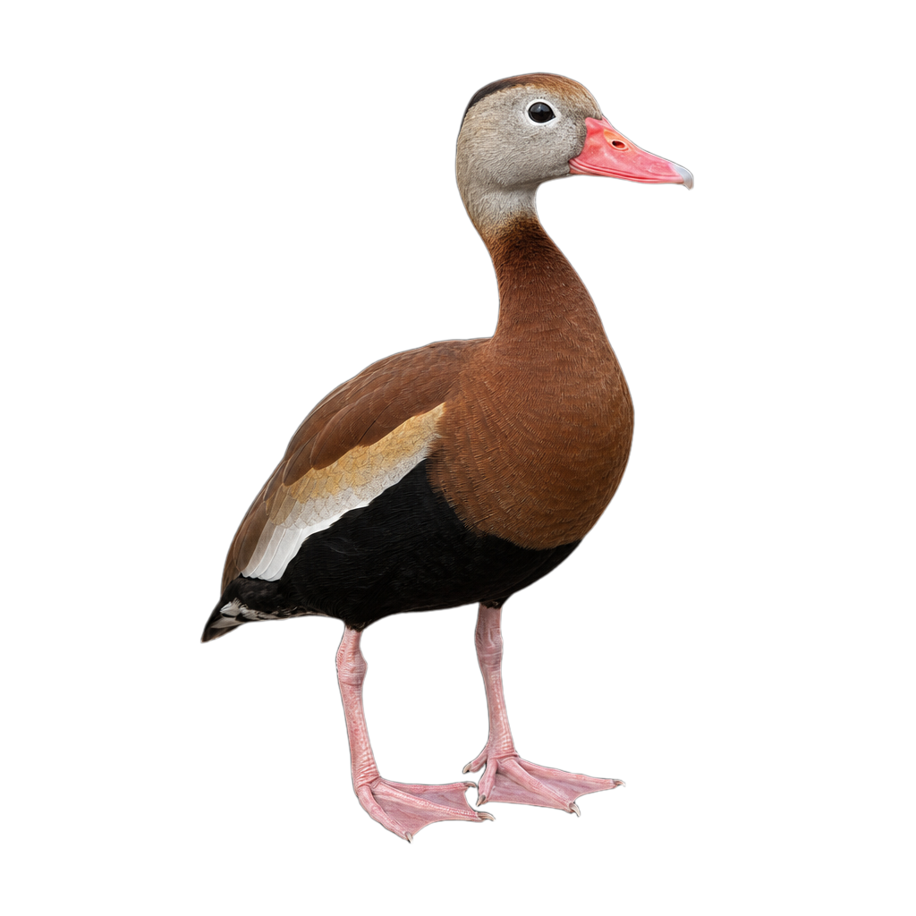 Dendrocygne à ventre noir adulte au bec rouge vif, aux longues pattes roses, à la poitrine brun roux et au ventre noir.