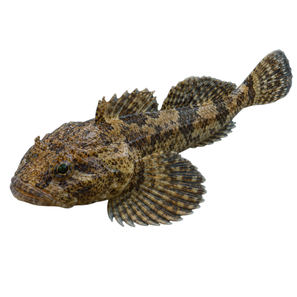 Chabot visqueux, petit poisson benthique au corps allongé brun marbré, à la tête large et aplatie et aux grandes nageoires pectorales étalées.