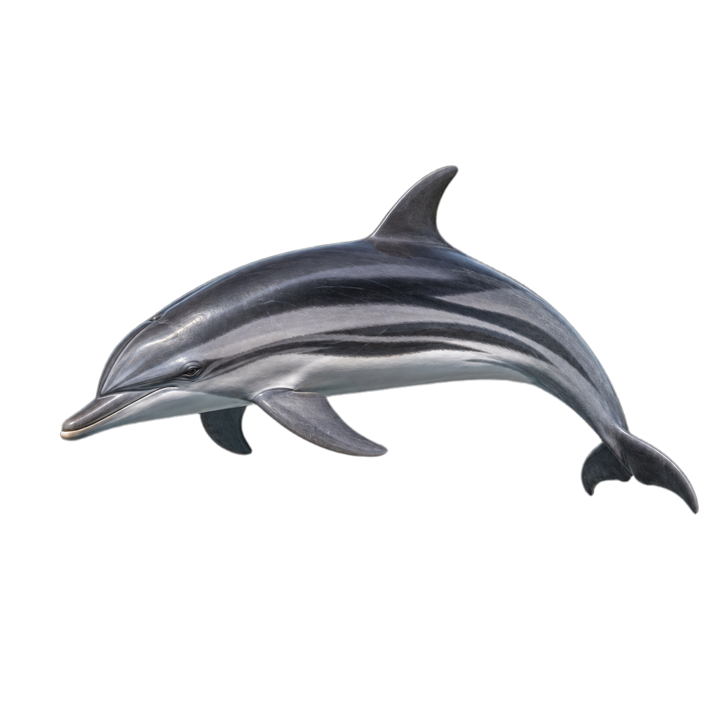 Dauphin bleu adulte au corps élancé, dos gris foncé, ventre pâle et bande noire reliant l'œil à la région anale.