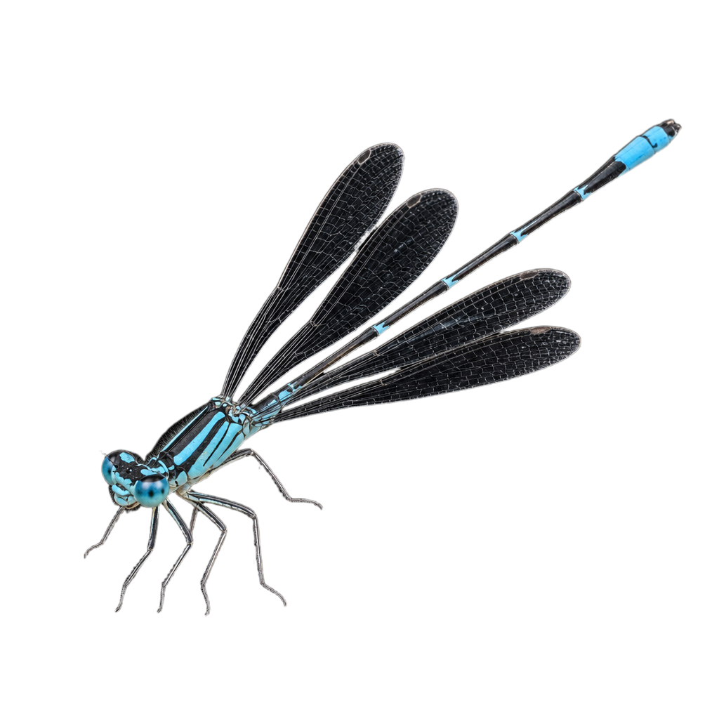 Agrion résolu mâle, petite demoiselle au corps grêle bleu marqué de noir, posé sur une tige de végétation riveraine.