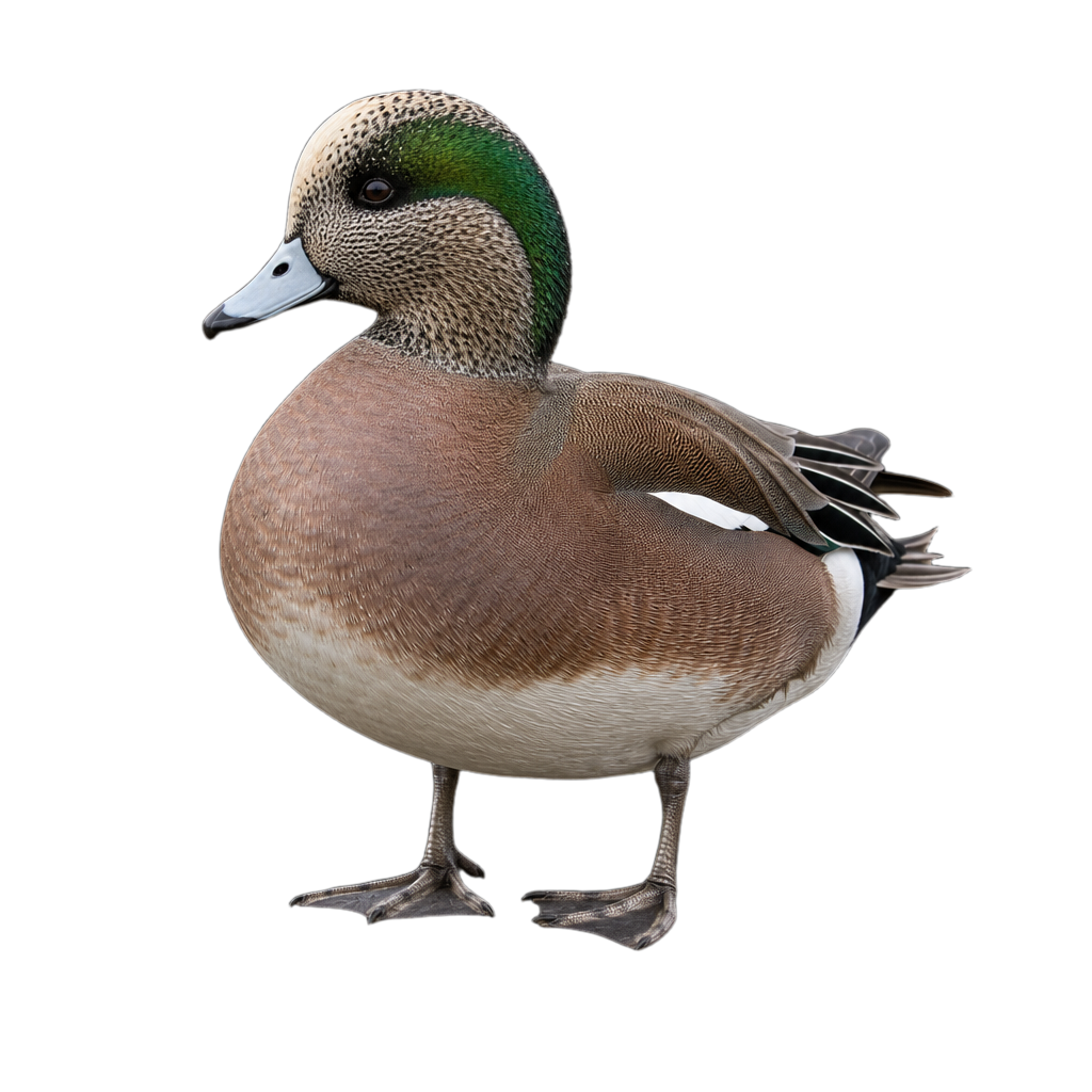 Canard d'Amérique mâle adulte au front blanc crème et à la bande verte derrière l'œil, nageant près d'une rive de quenouilles.