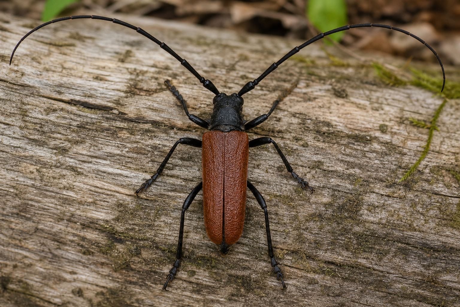 Enoclerus nigripes, petit coléoptère allongé de la famille des clairons, aux pattes noires.