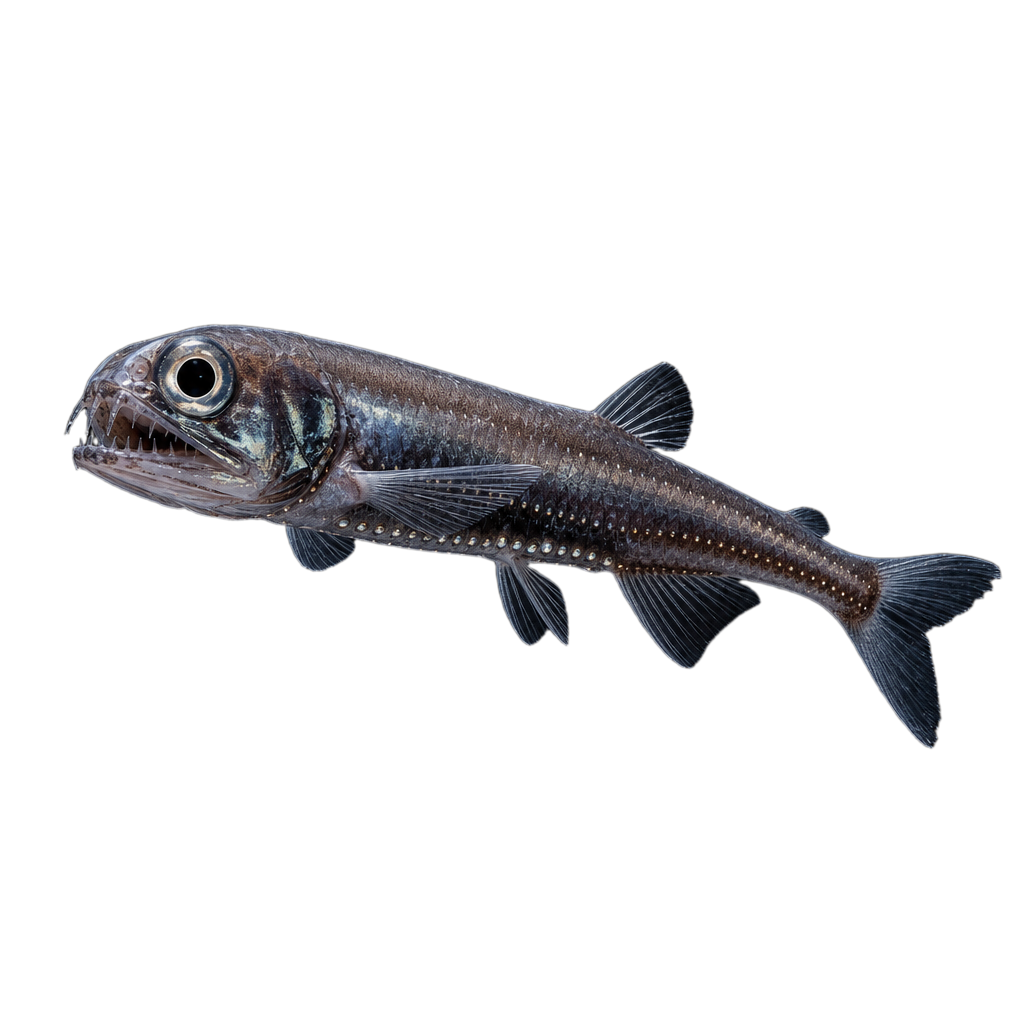 Cyclothone à petites dents, petit poisson des grands fonds au corps allongé brun foncé, à grande bouche et à rangées de photophores ventraux.