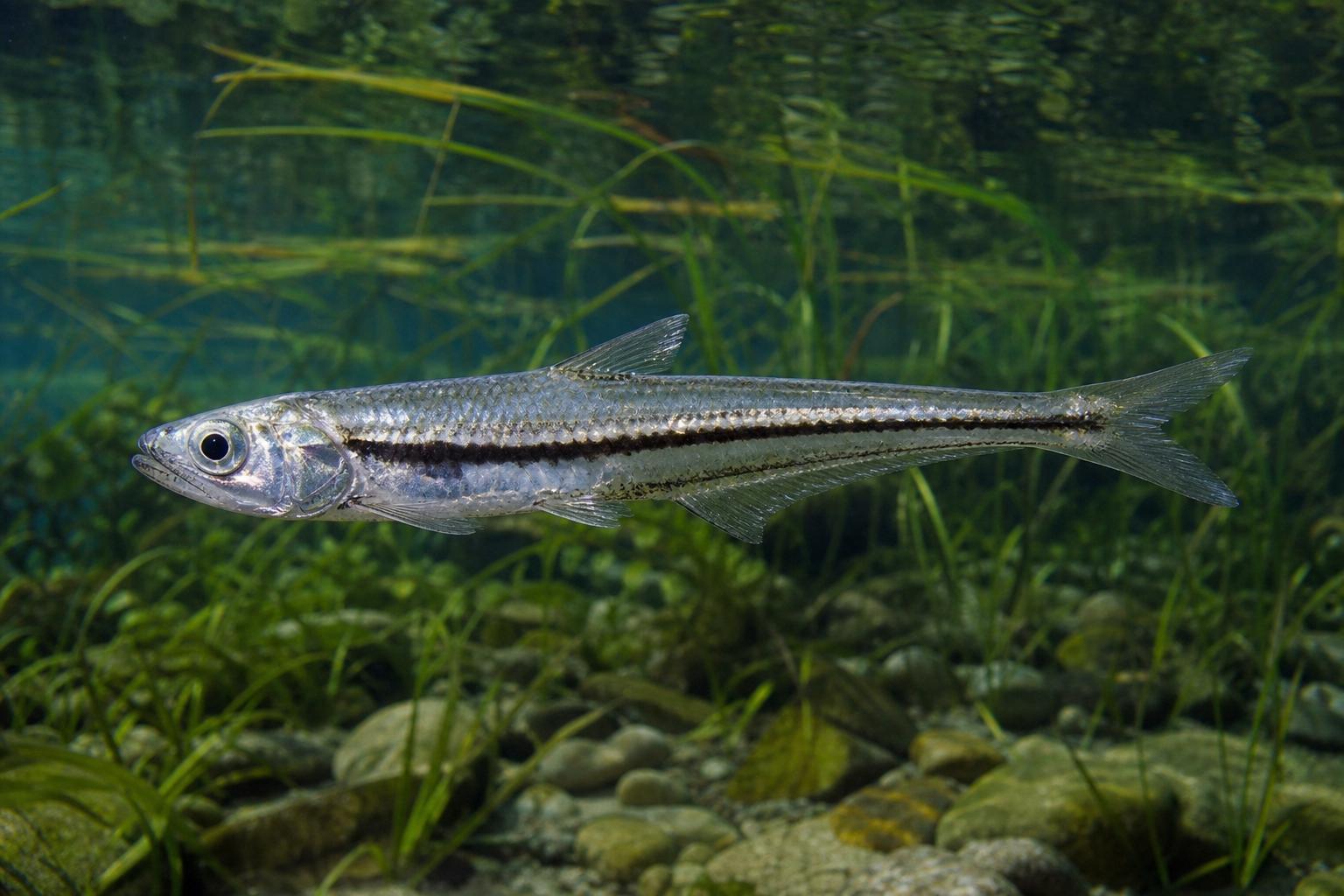 Cyclothone à petites dents, petit poisson des grands fonds au corps allongé brun foncé, à grande bouche et à rangées de photophores ventraux.