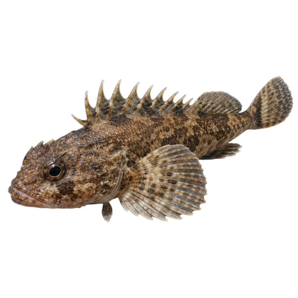 Chaboisseau à dix-huit épines, poisson de fond brun marbré à grosse tête épineuse et larges nageoires pectorales en éventail.
