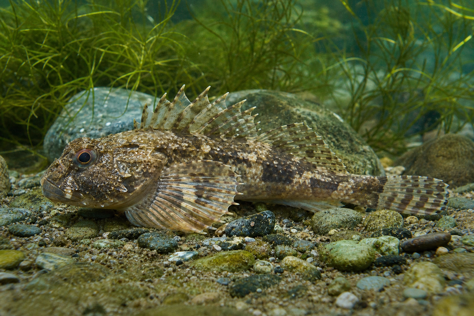 Chaboisseau à dix-huit épines, poisson de fond brun marbré à grosse tête épineuse et larges nageoires pectorales en éventail.