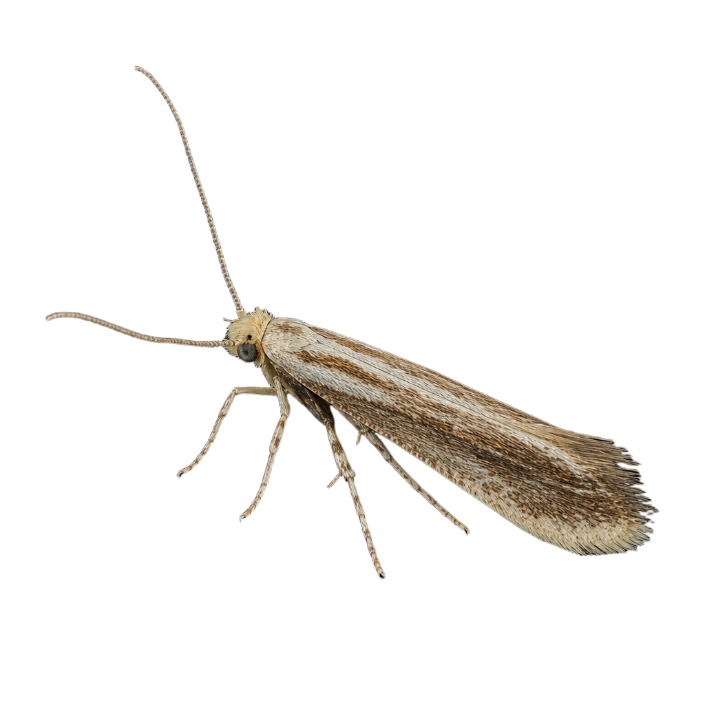 Petit papillon Coleophora trifolii aux ailes étroites et frangées d'un vert bronzé métallique, antennes fines portées vers l'avant.