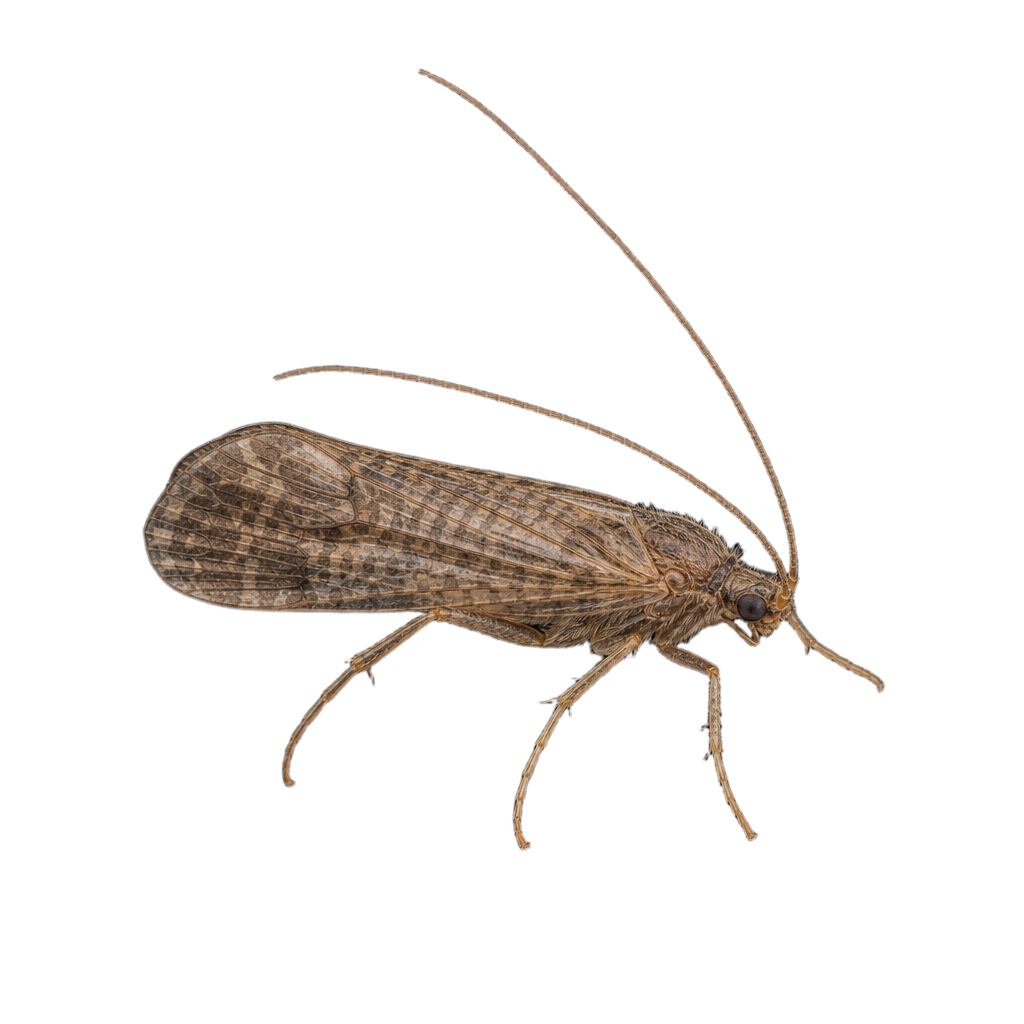 Trichoptère adulte Cheumatopsyche campyla, petit insecte aux ailes brunâtres repliées en toit et aux longues antennes filiformes.
