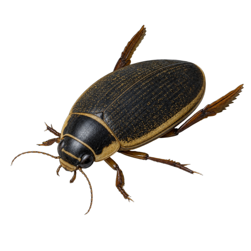 Dytiscus harrisii, grand coléoptère aquatique au corps ovale et aplati, aux pattes postérieures aplaties en forme de rames.