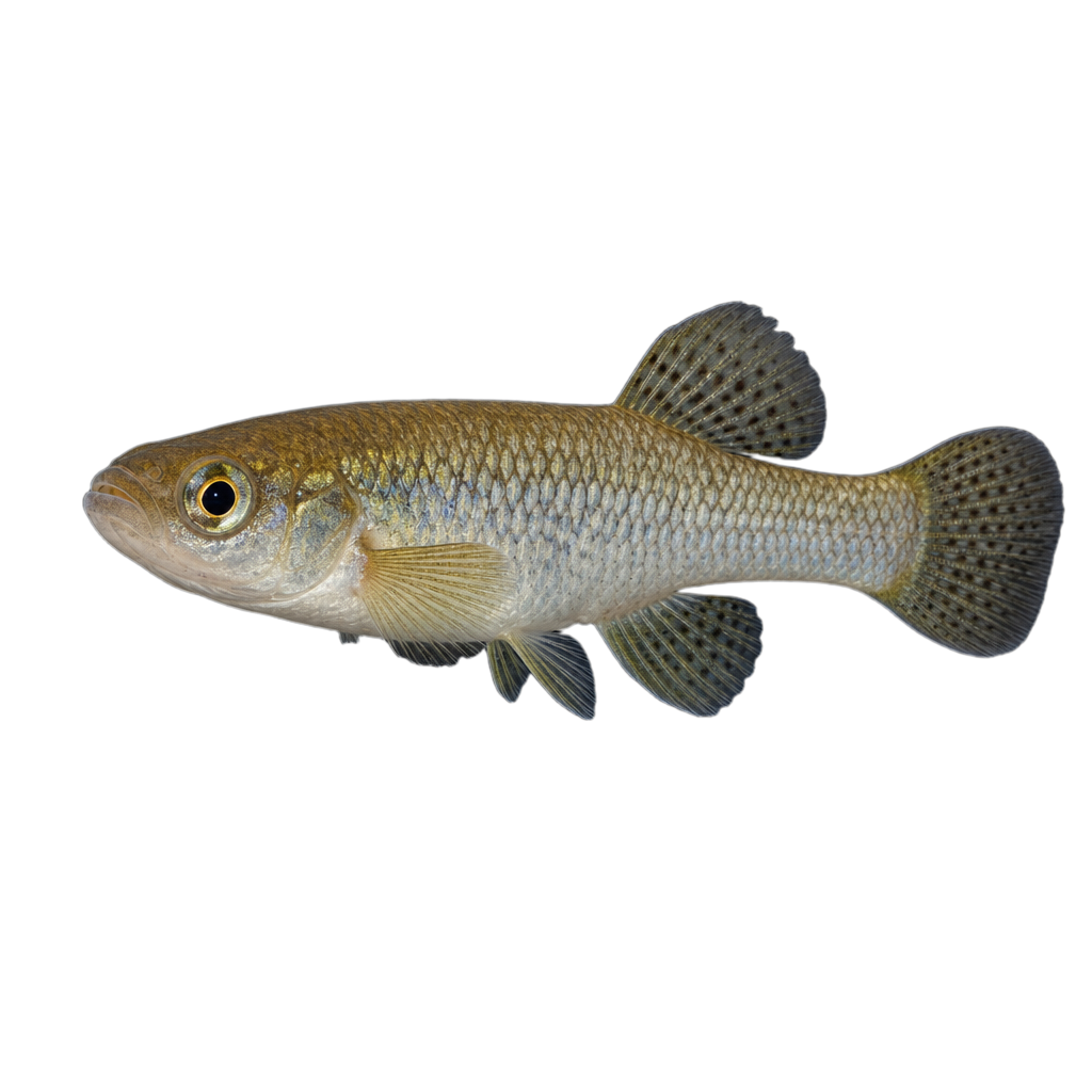 Choquemort, petit poisson trapu olivâtre à tête aplatie et à nageoire caudale arrondie.
