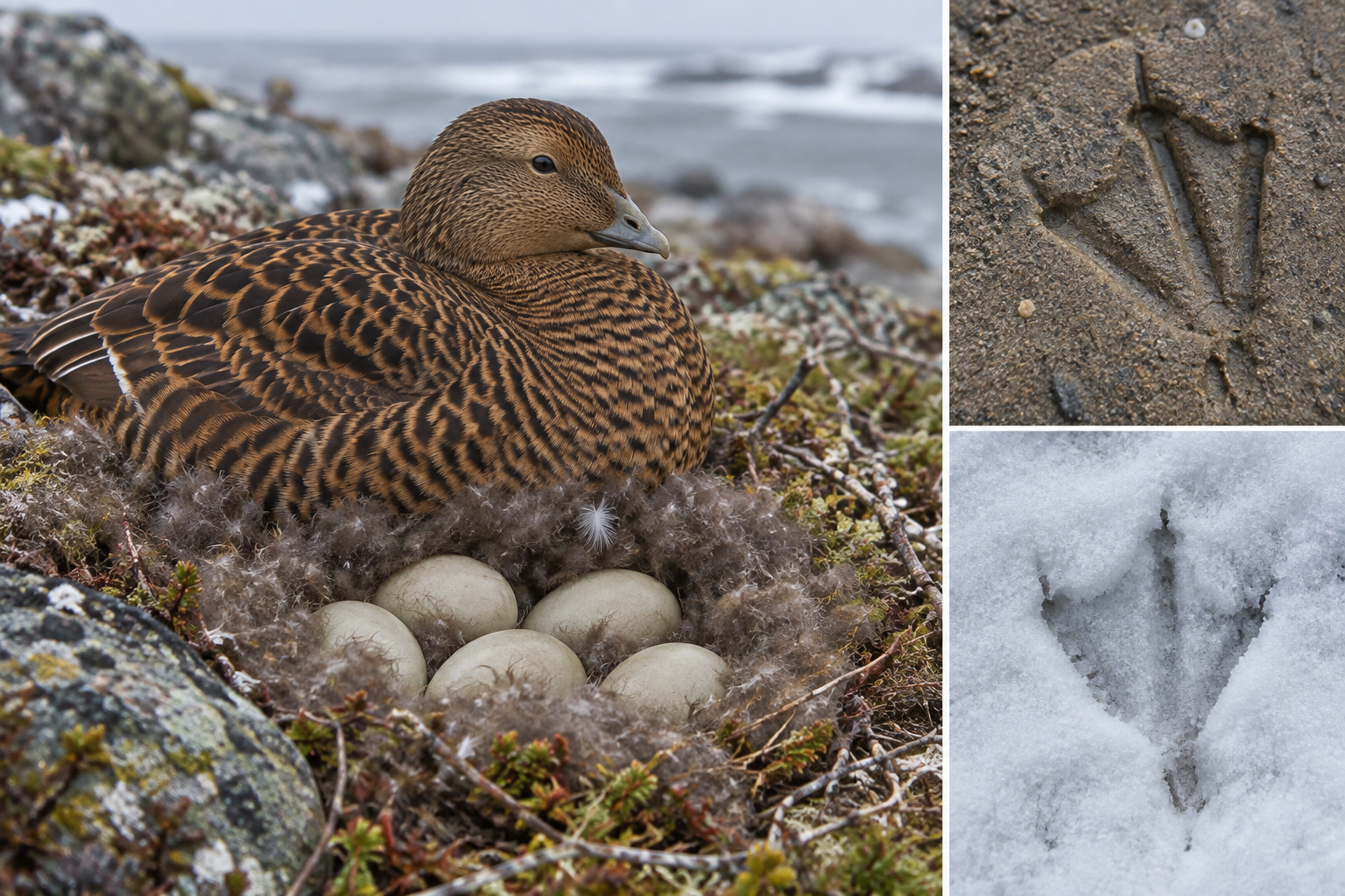 Traces et indices de Eider à tête grise