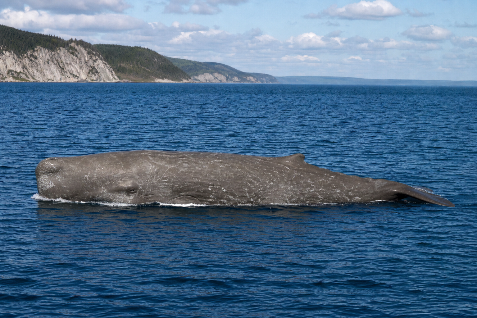 Cachalot macrocéphale adulte en surface, tête carrée massive et souffle oblique visible.