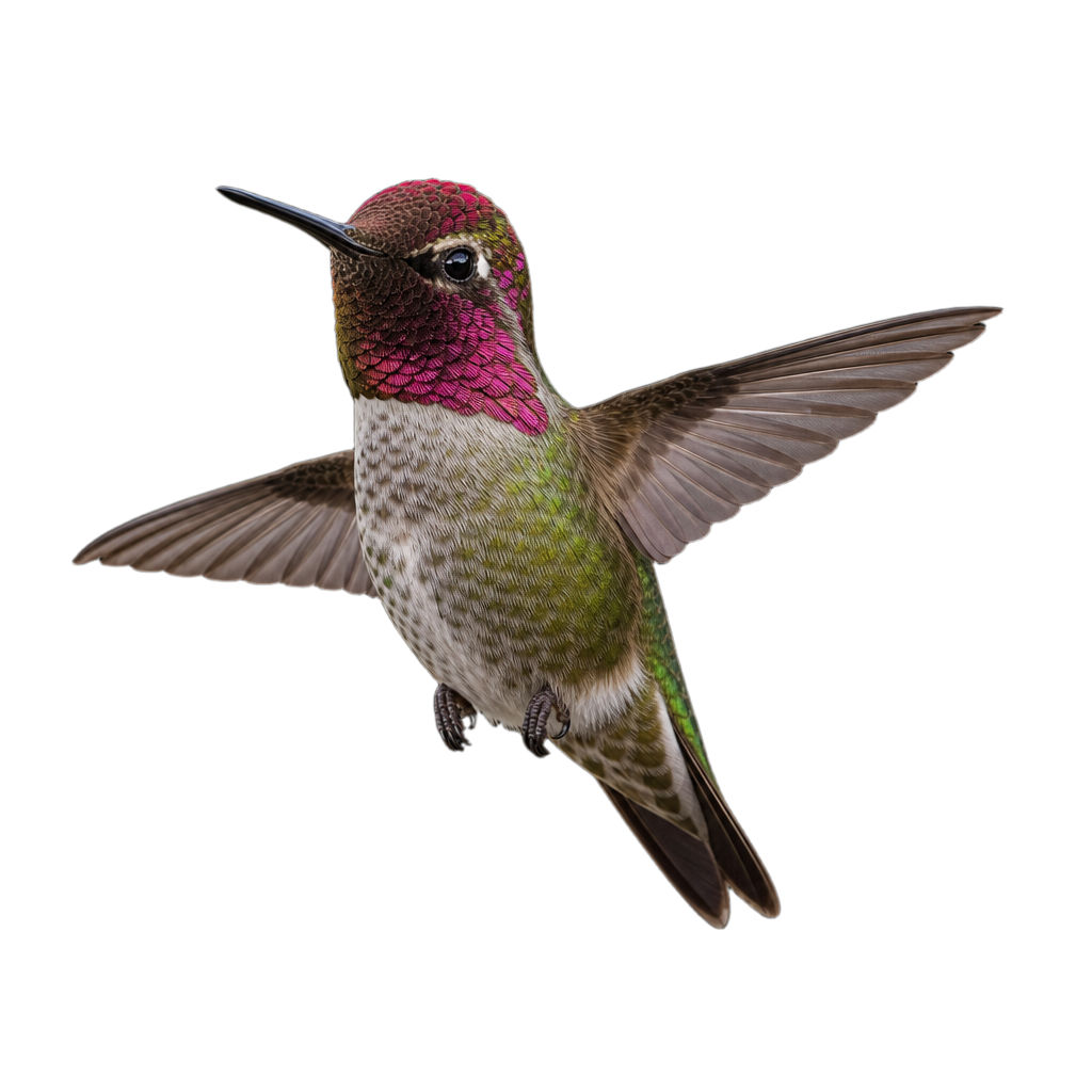 Colibri d'Anna mâle, au plumage vert métallique, dont la gorge et la calotte rose magenta irisé brillent au soleil.