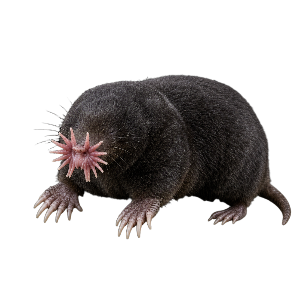 Condylure à nez étoilé au pelage brun noirâtre, au museau garni de 22 appendices roses disposés en étoile et aux larges pattes antérieures fouisseuses.
