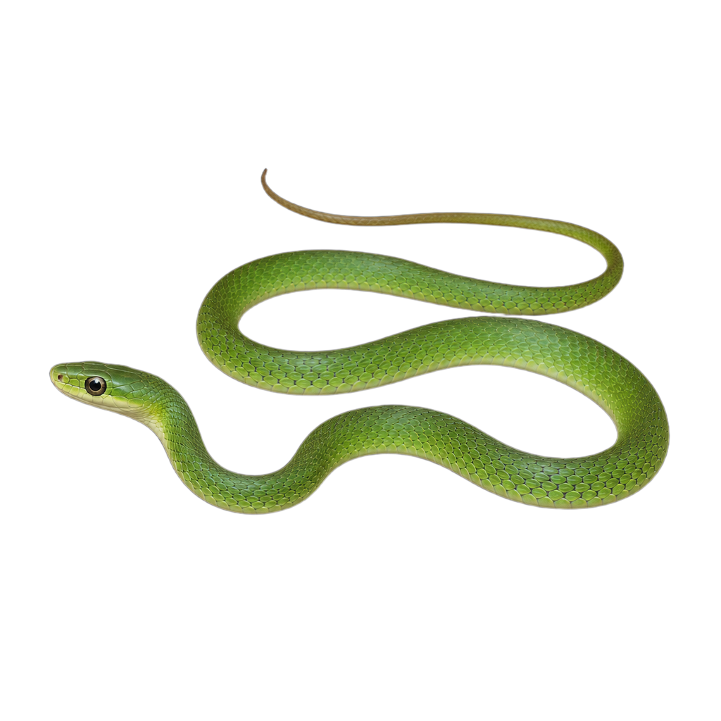 Couleuvre verte adulte au dos vert vif uniforme et au ventre jaunâtre, étendue dans l'herbe.