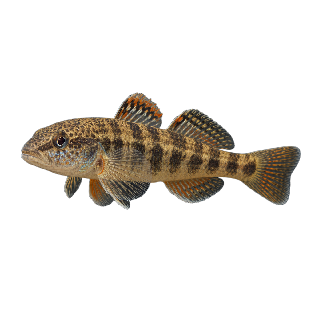 Dard barré, petit poisson brun olivâtre aux flancs marqués de bandes verticales sombres, posé sur le fond.