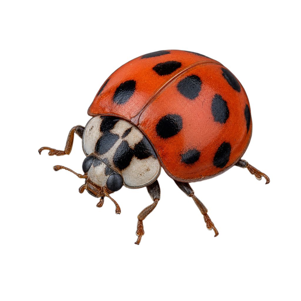 Coccinelle maculée adulte au corps ovale allongé, rose à rouge, portant douze taches noires sur les élytres et deux grandes taches triangulaires noires sur le pronotum.