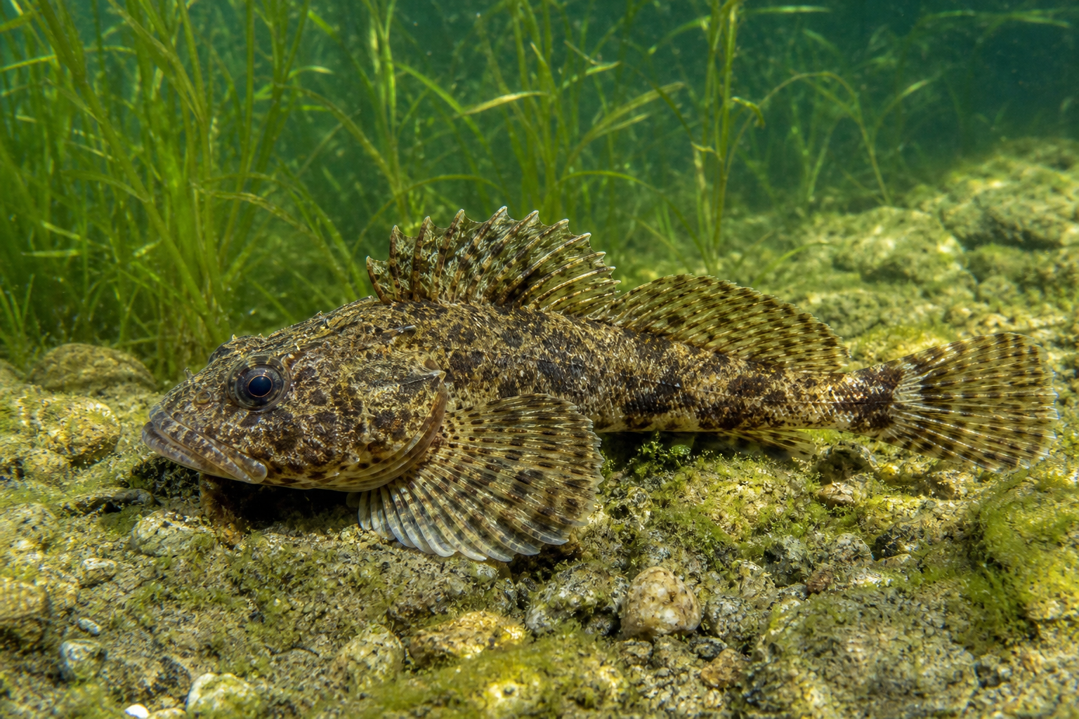 Chaboisseau arctique, petit poisson de fond à tête large et épineuse, au corps marbré et aux grandes nageoires pectorales.