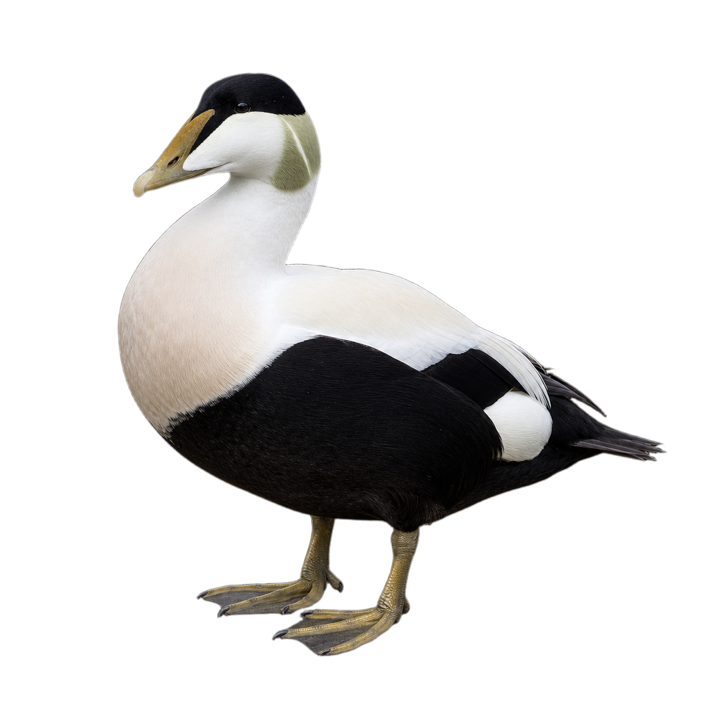 Eider à duvet mâle au plumage noir et blanc et femelle au plumage brun barré.