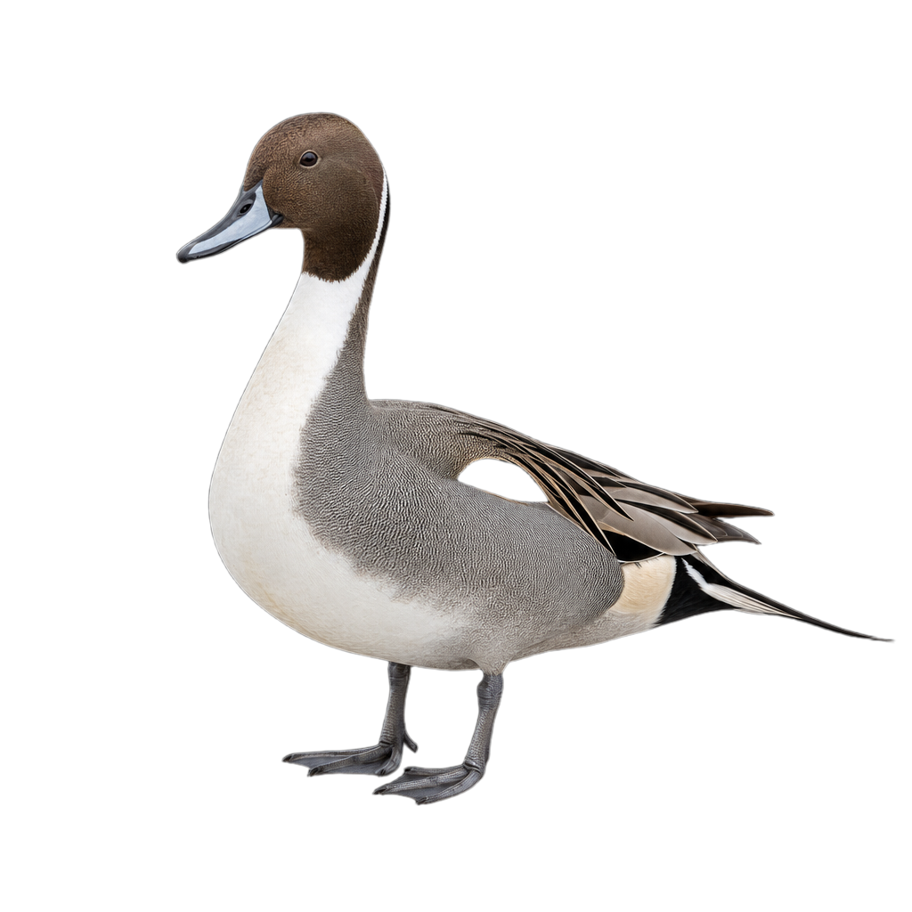 Canard pilet mâle en plumage nuptial, cou allongé et longues rectrices centrales effilées, nageant dans un marais peu profond.