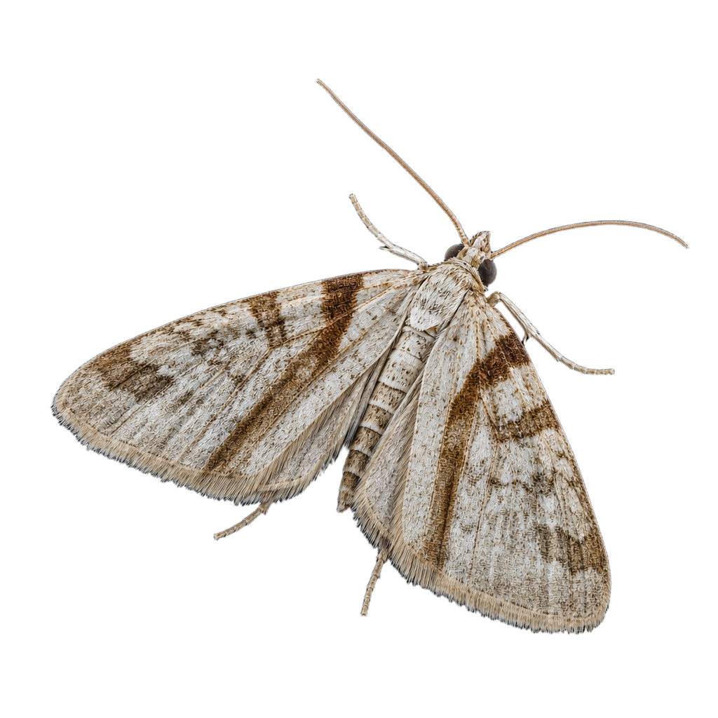 Petit papillon de nuit gris brunâtre, ailes étalées, montrant une bande médiane bordée de fines lignes sombres dont la ligne externe forme un coude.