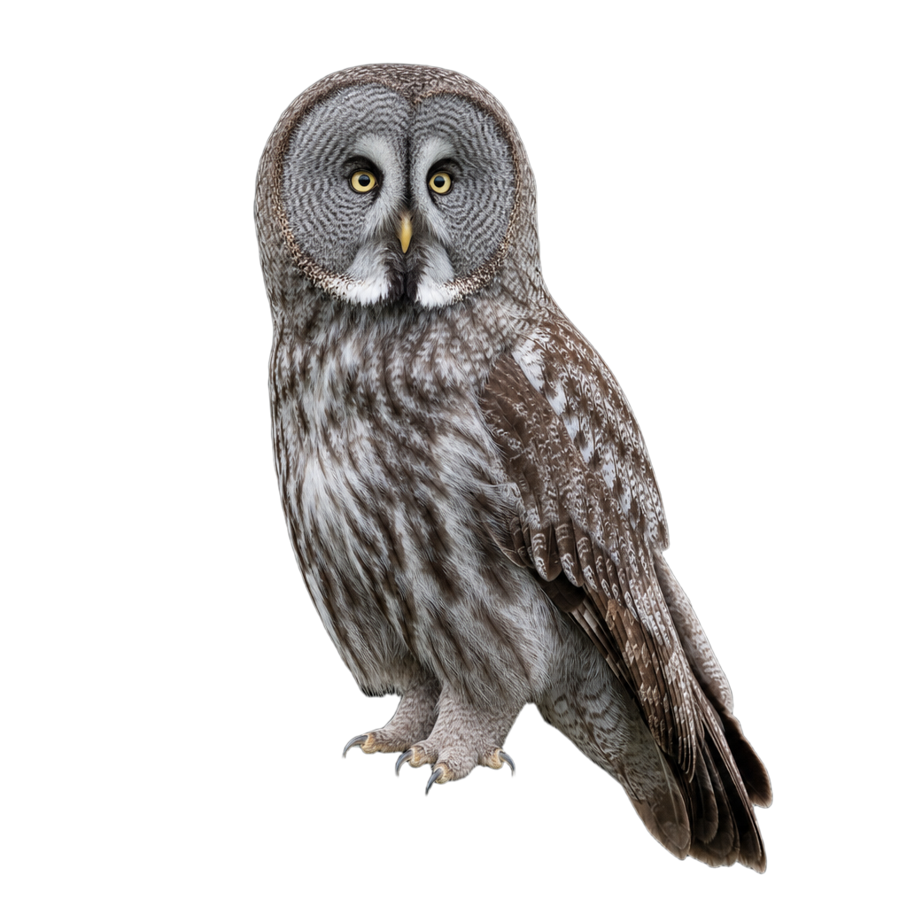 Chouette lapone au plumage gris strié, montrant son grand disque facial à cercles concentriques, ses yeux jaunes et ses taches blanches en forme de moustache.