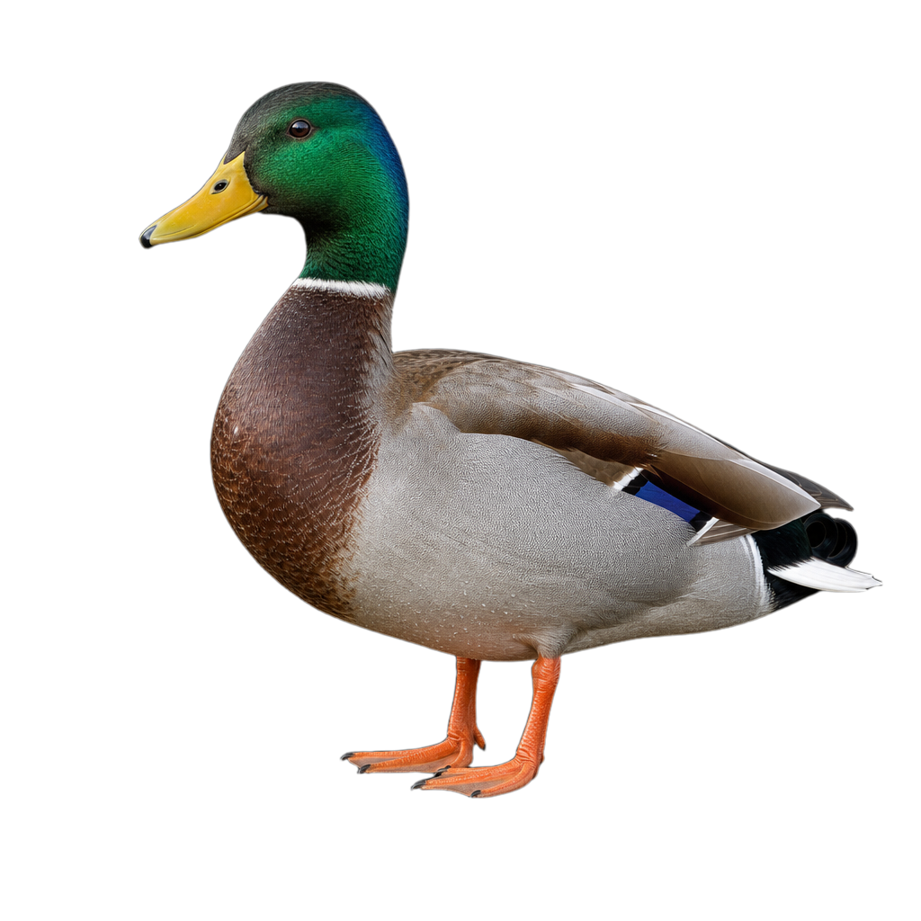 Canard colvert mâle adulte en plumage nuptial, tête vert métallique et collier blanc, nageant en eau peu profonde