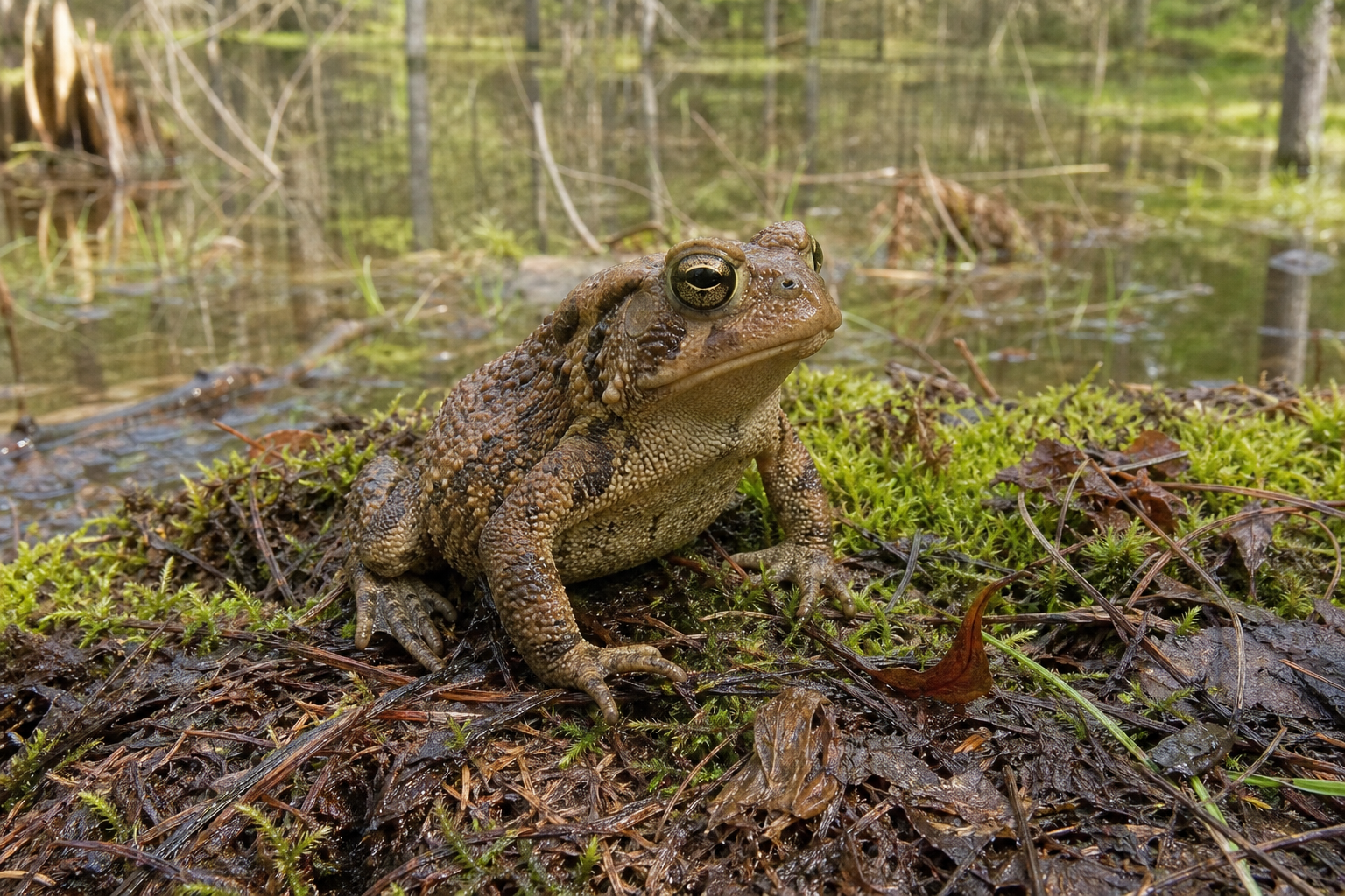 Crapaud d'Amérique brun à la peau verruqueuse, montrant ses glandes parotoïdes derrière les yeux.