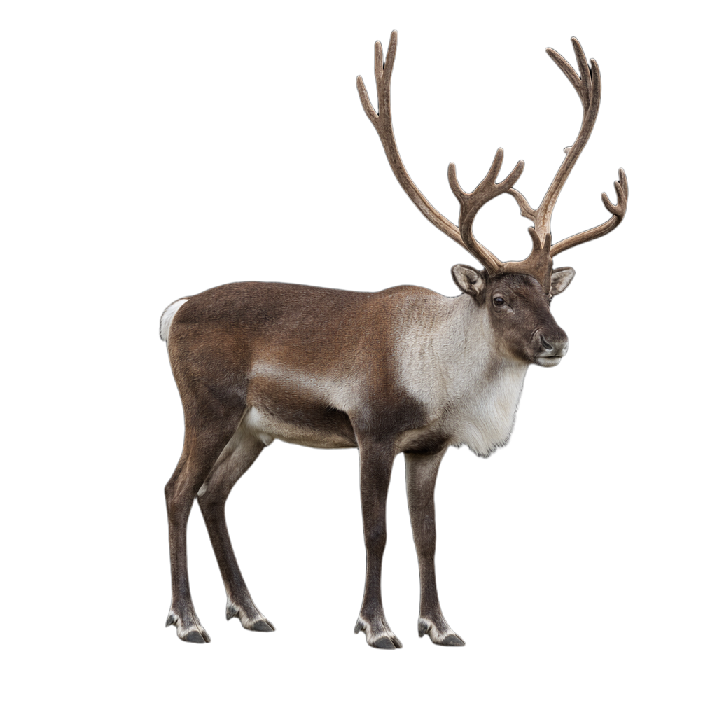 Caribou des bois adulte au pelage brun foncé et à la crinière claire, debout dans une pessière à lichens.