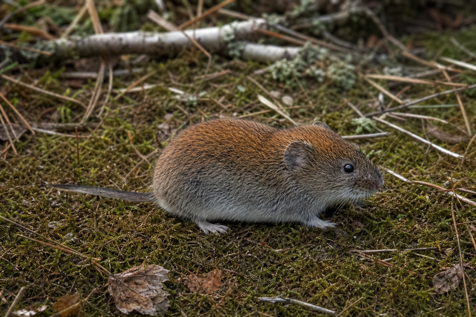 Campagnol à dos roux de Gapper, petit rongeur au dos roux et aux flancs gris, dans un sous-bois moussu.