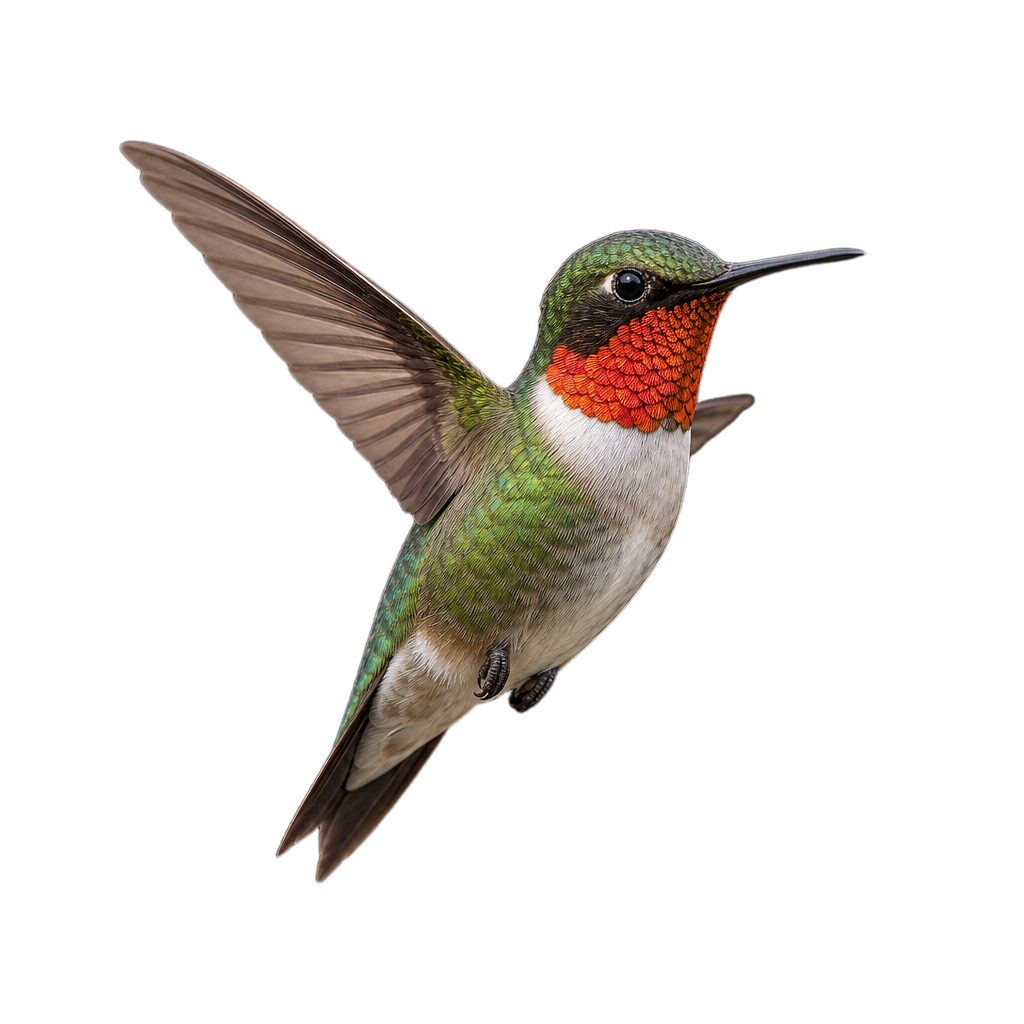 Colibri à gorge rubis mâle au dos vert métallique et à la gorge rouge iridescente, en vol stationnaire.