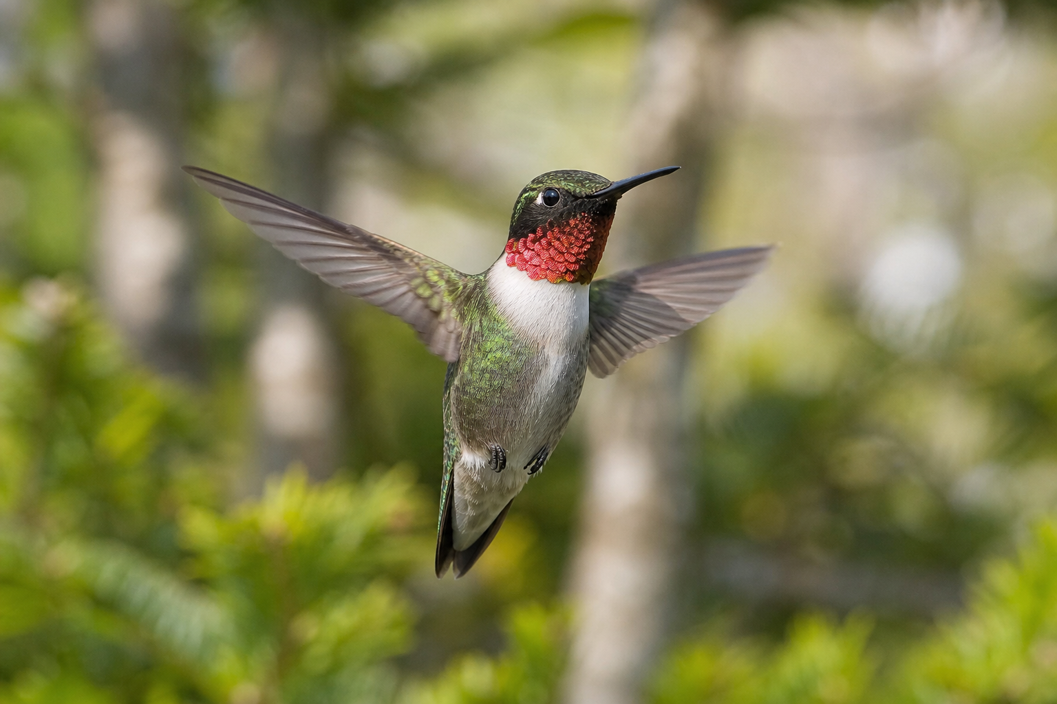 Colibri à gorge rubis mâle au dos vert métallique et à la gorge rouge iridescente, en vol stationnaire.