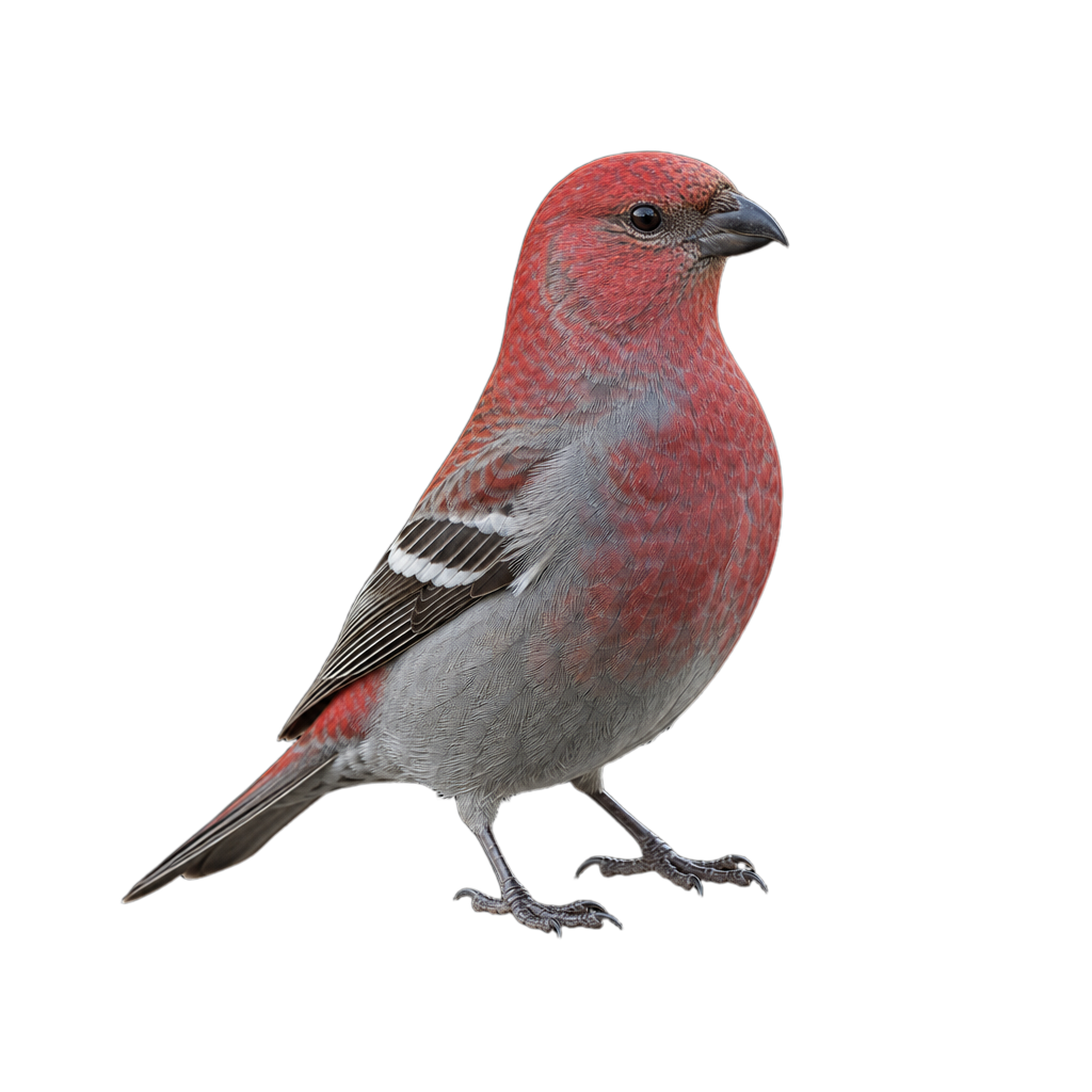 Durbec des sapins mâle au plumage rose rougeâtre et gris, perché dans un conifère, avec ses barres alaires blanches et son bec épais.