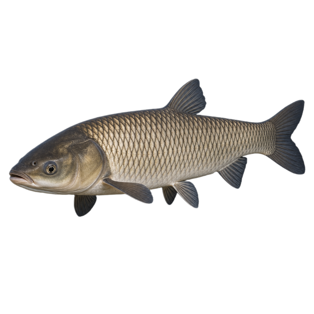 Carpe de roseau, grand poisson argenté au corps allongé et aux grandes écailles, nageant près d'un herbier aquatique.