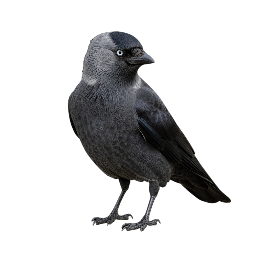 Choucas des tours adulte au plumage noir, à la nuque gris cendré et à l'iris pâle.