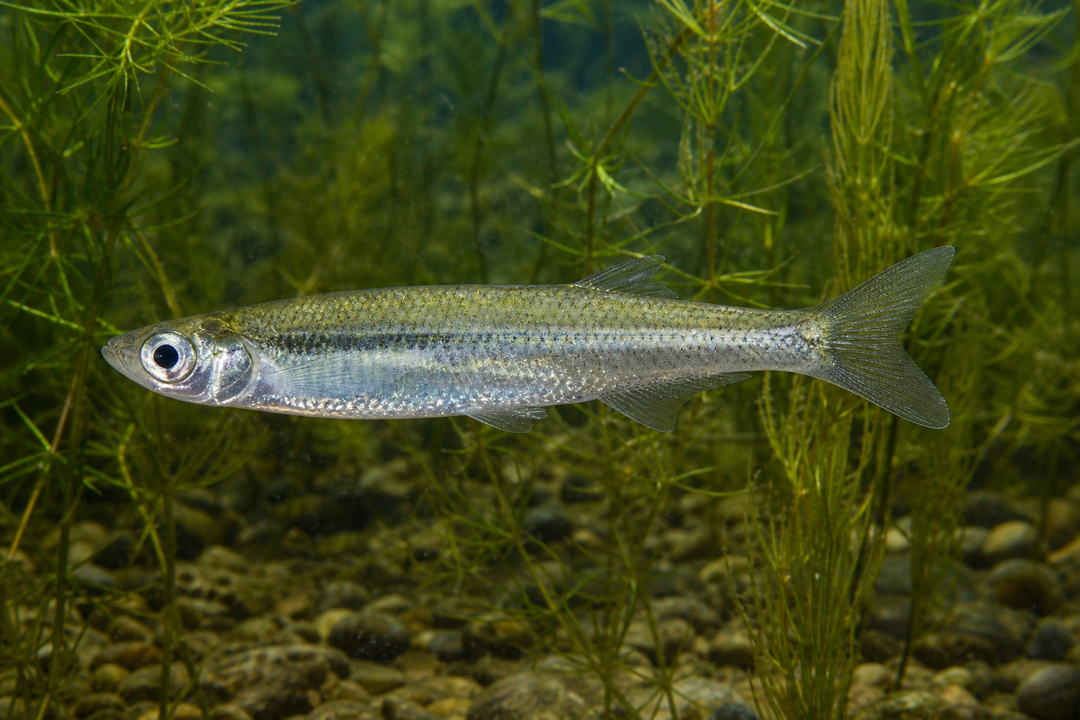 Crayon d'argent, petit poisson translucide au museau en bec et à la bande latérale argentée.