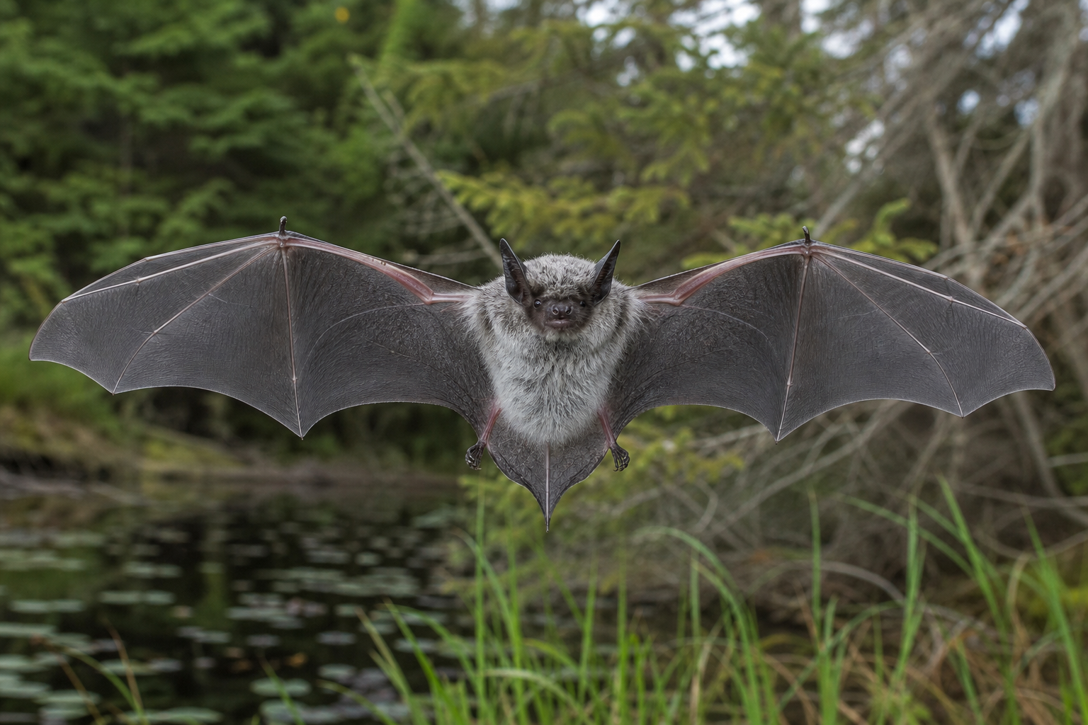 Chauve-souris argentée au pelage brun noirâtre parsemé de poils à pointe argentée.
